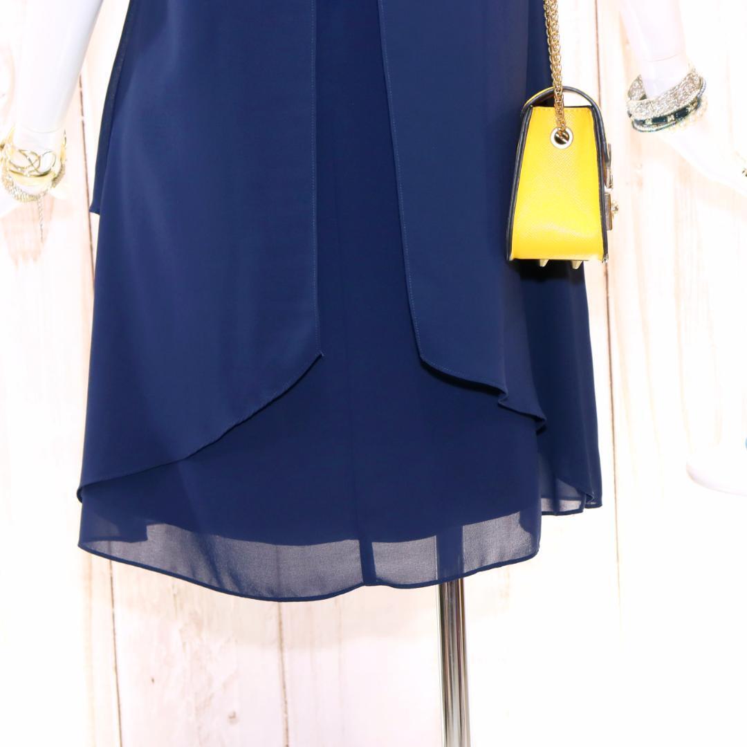 エメ ドレープアシンメトリードレス M 首元ビジュー 9号 ネイビー