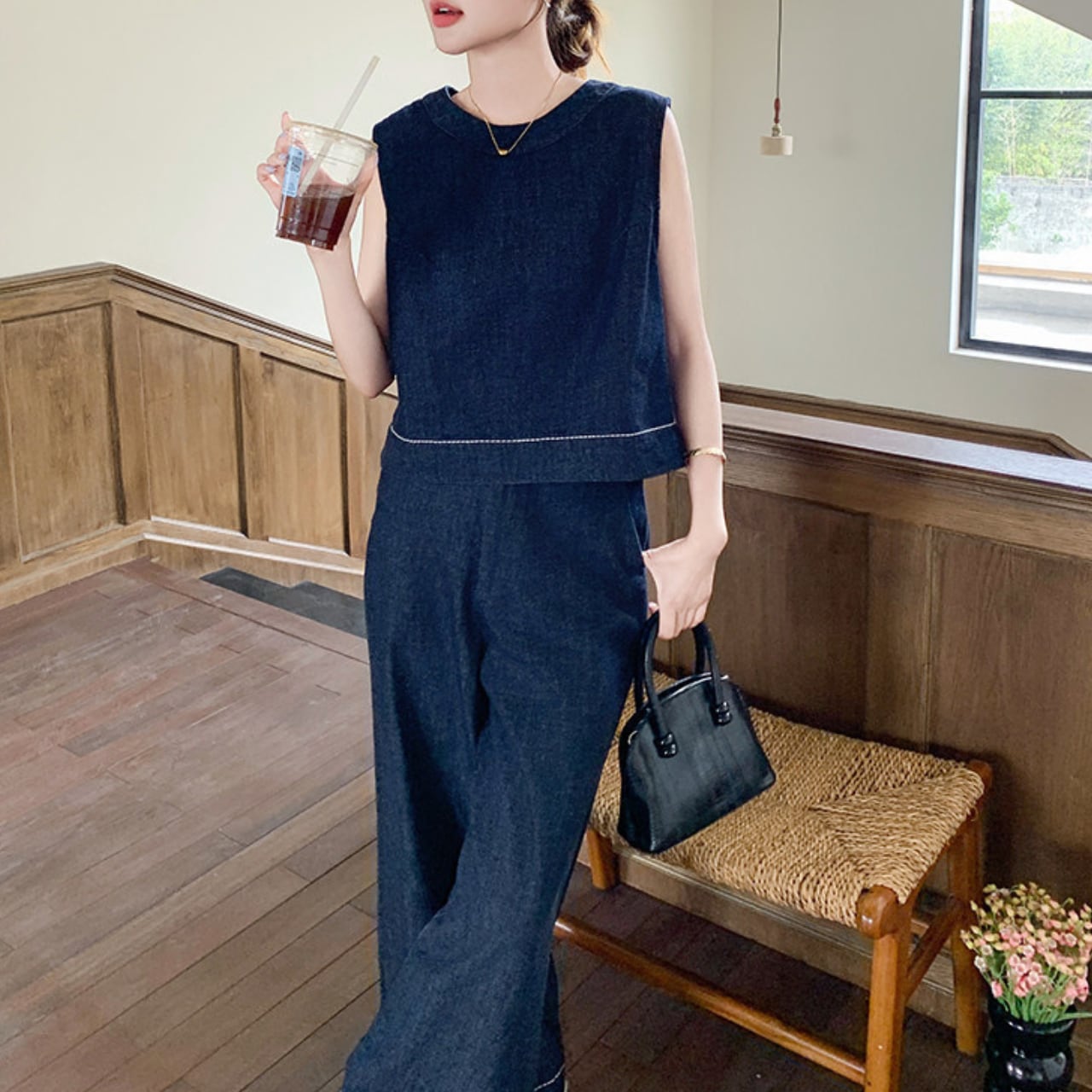 Denim sleeveless top & wide pants set S1965