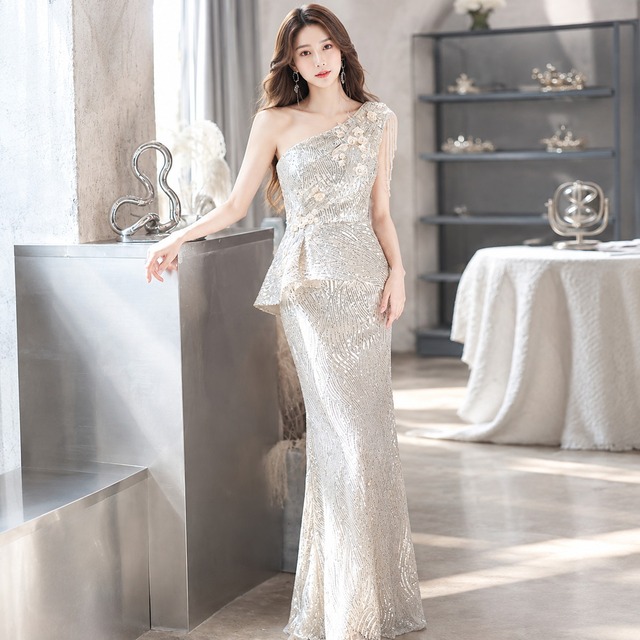 Sequin Frill Design Mermaid Long Dress V3600