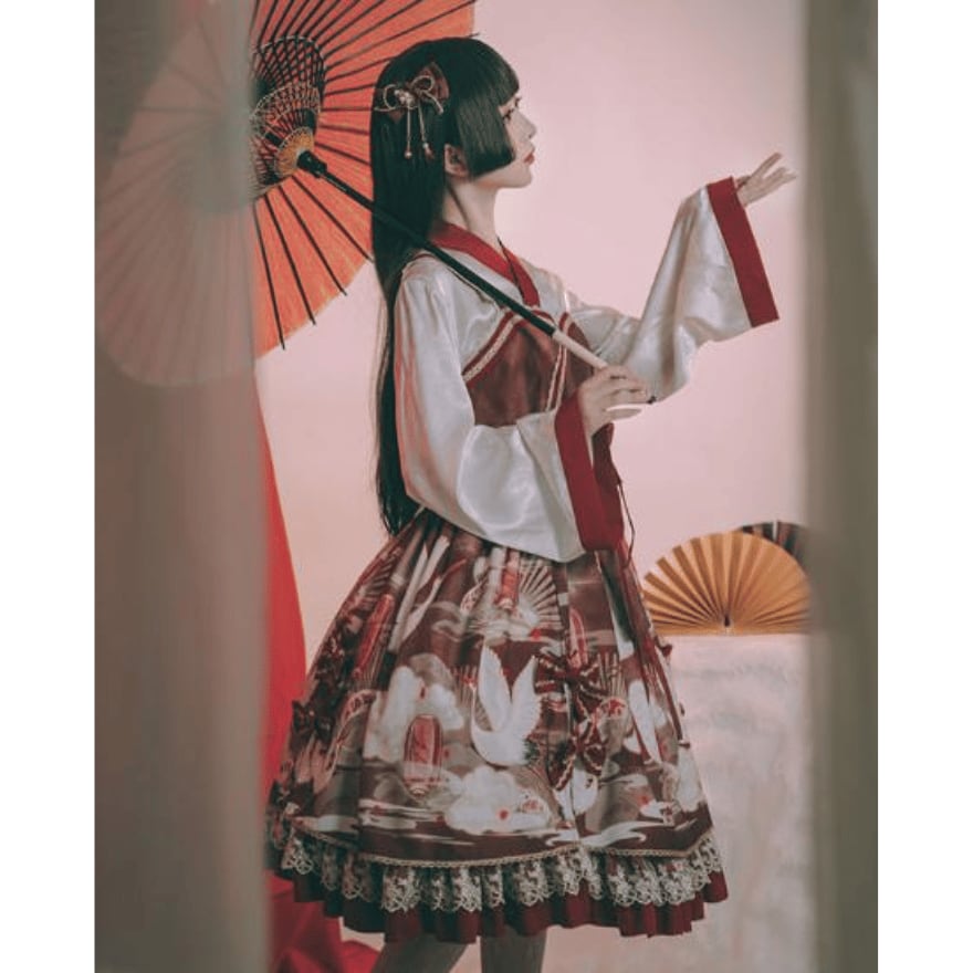 即納 黒Sサイズ】和ロリ 鶴と扇の和柄 ロリータ 着物風 JSK+羽織 豪華