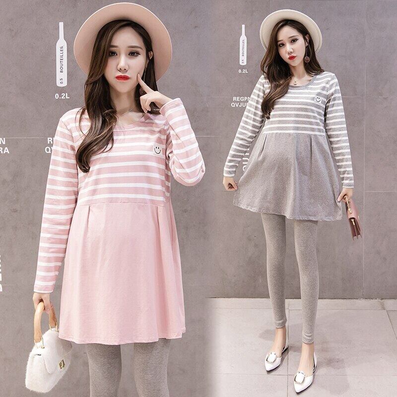 【新作】【送料無料】 870＃ストリップパッチワークコットンマタニティTシャツ春長袖AラインルーズTシャツ服妊娠中の女性妊娠中のトップス ロング スプリング 春物 AL expec327629062852