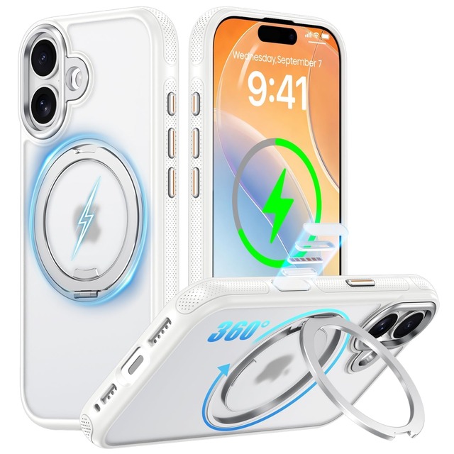 OURJOY iPhone 16 用 ケース MagSafe対応 360度回転スタンド 微細なドット模様 マット仕上げ 半透明 耐衝撃「ホワイト」