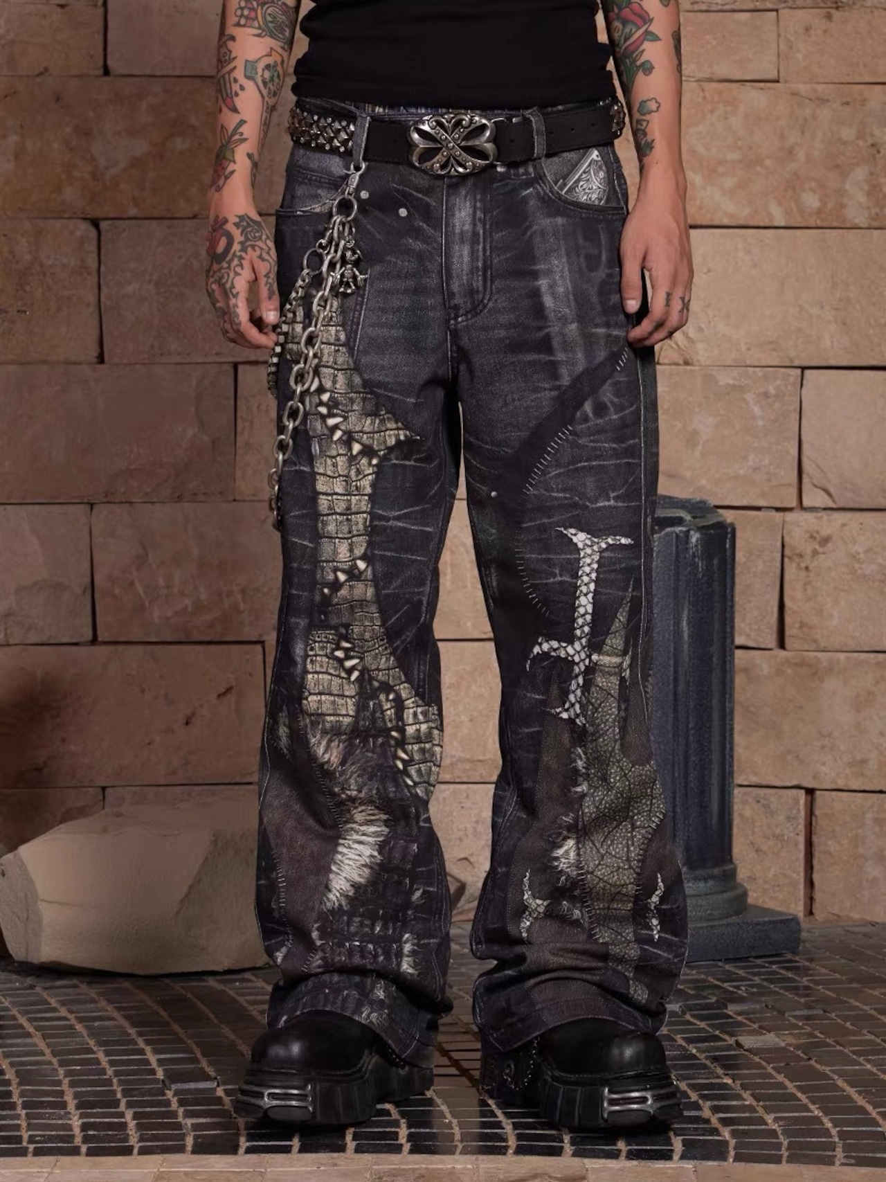 【DND4DES】Leather Cross Splicing Printed Jeans