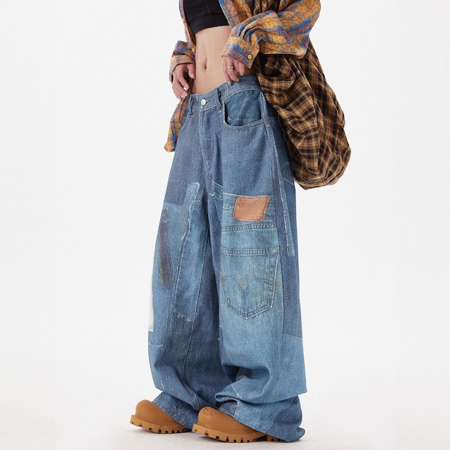 プリントパッチワークルーズデニムパンツ R00664