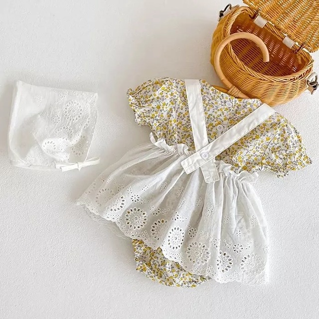予約3点setフラワーロンパース＆エプロンボンネット