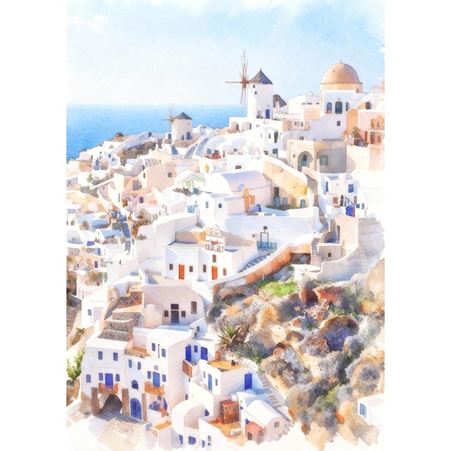 絵画 風景画 ギリシャ サントリーニ島 インテリアアート額付き 水彩画風 WAT1668