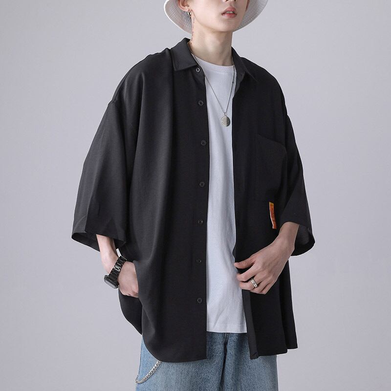 全1色 シャツ トップス 無地 カジュアル 羽織 半袖 ブラック