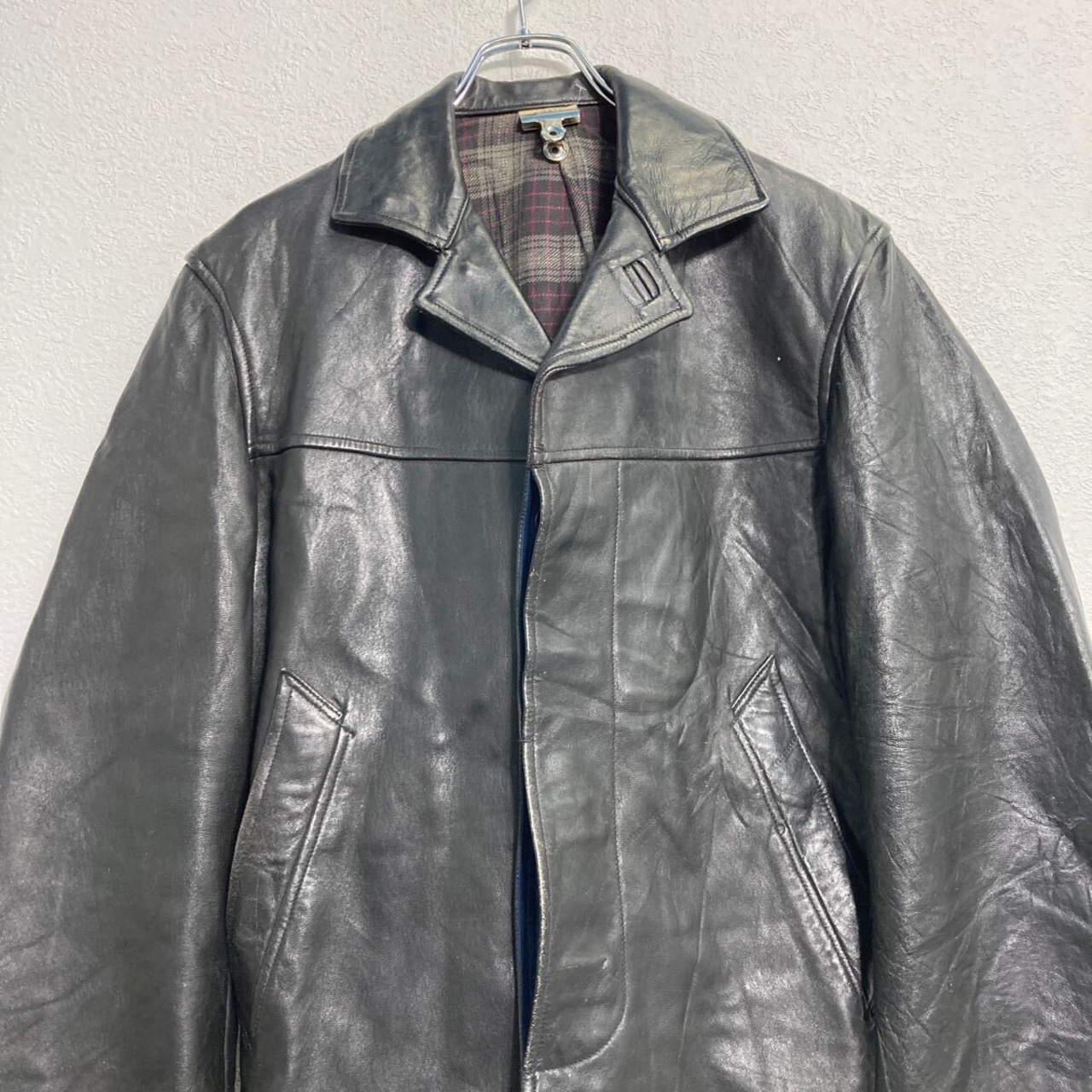 MIC CUIR フレンチ レザーコート L~ ブラック 裏地チェック ユーロ 