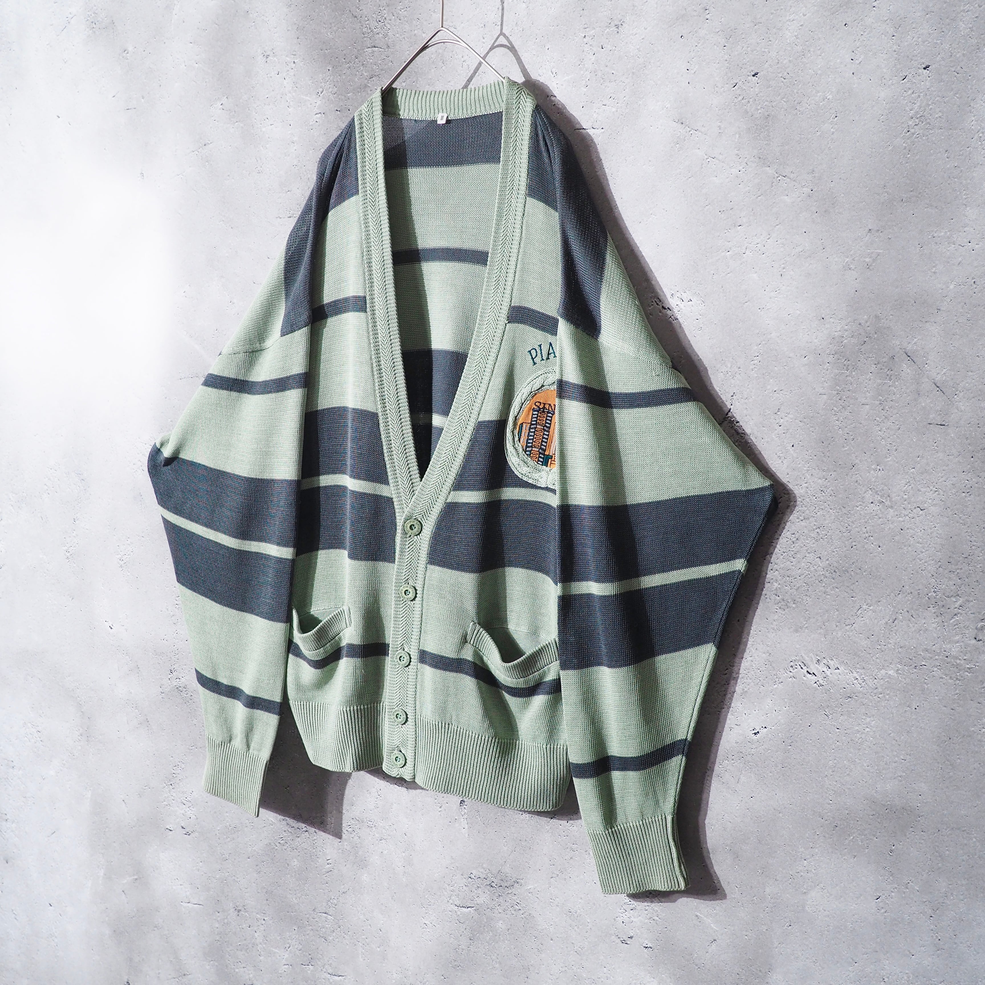 1990s " PIASPORTS " Mint green color vintage loose Border knit cardigan