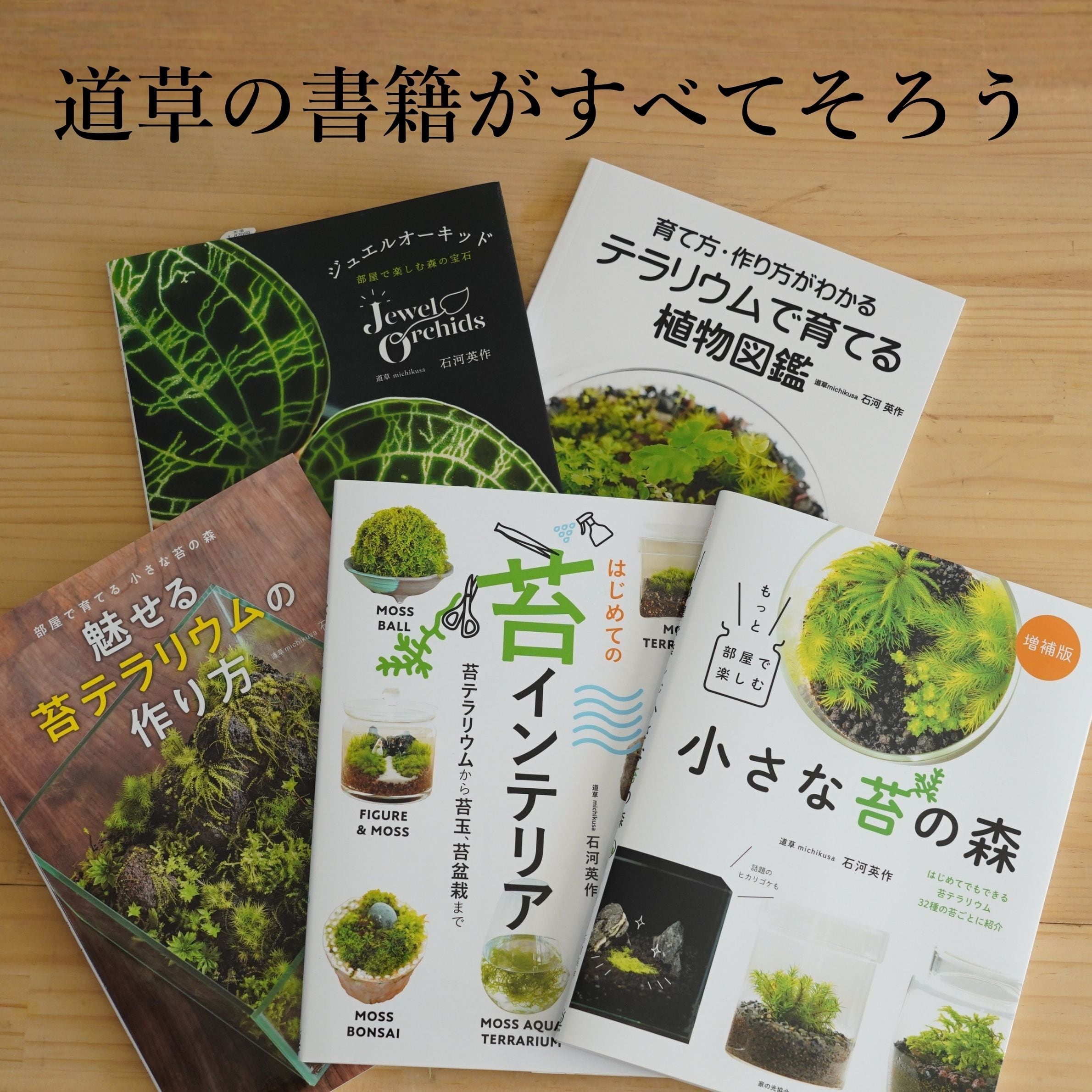 すべてそろう5冊セット「はじめての苔インテリア」「魅せる苔テラリウムの作り方」「もっと部屋で楽しむ小さな苔の森★増補版」「テラリウムで育てる植物図鑑」「ジュエルオーキッド」