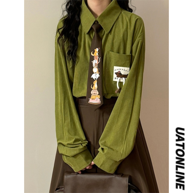 ♥4色展開、コーデュロイ動物柄シャツ！【UATONLINEシリーズ】★シャツ★ 4color 犬 猫 ネクタイ付きシャツ ユニセックス トップス 長袖シャツ コーデュロイ