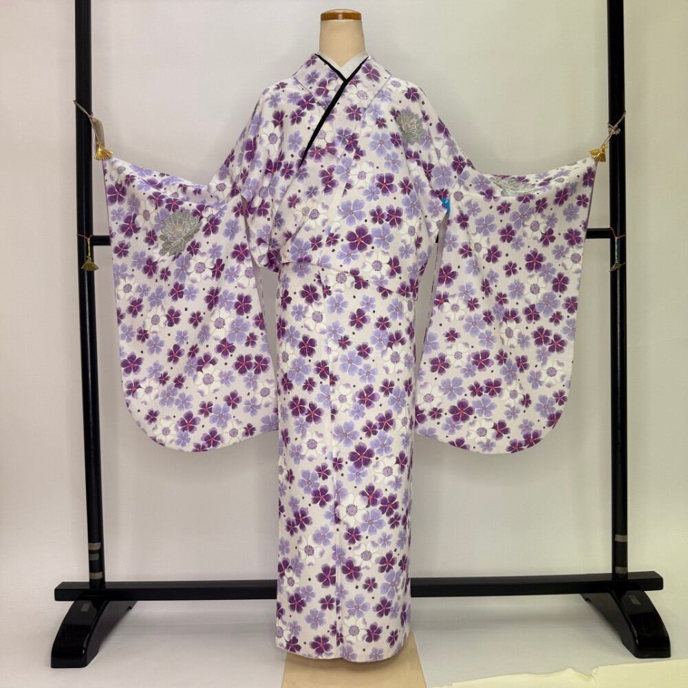 二尺袖 単品 卒業式着物 紫 ニコル 裄70.5cm LLサイズ 袴用着物 化繊 中古 5790