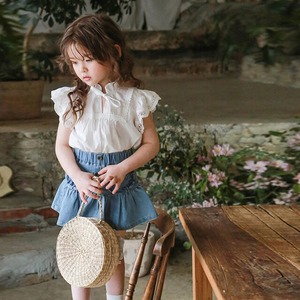 夏フリル袖立ち襟レースシャツ