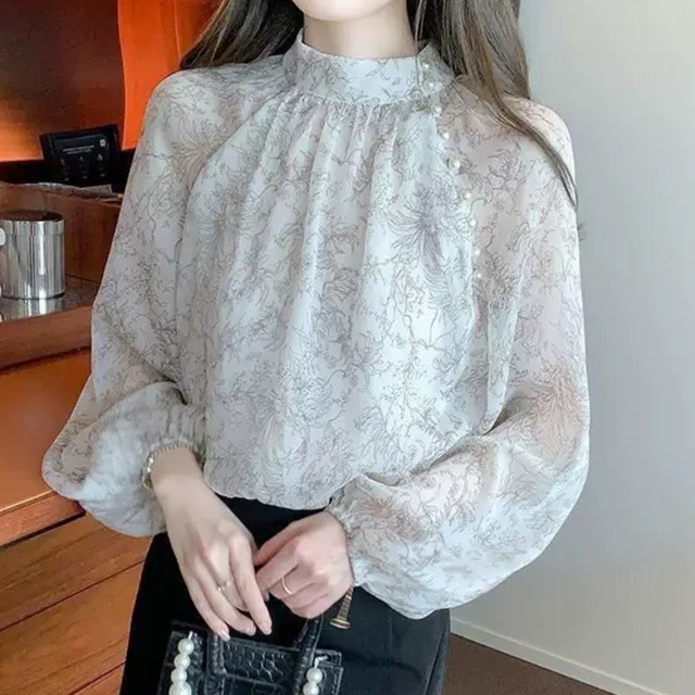 Stand collar elegant chest pearl chiffon shirt