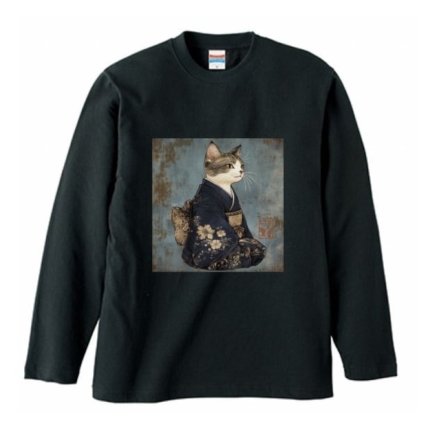 気高き和猫 肖像画 ロンT リブなし/ Noble Japanese Cat long sleeve T