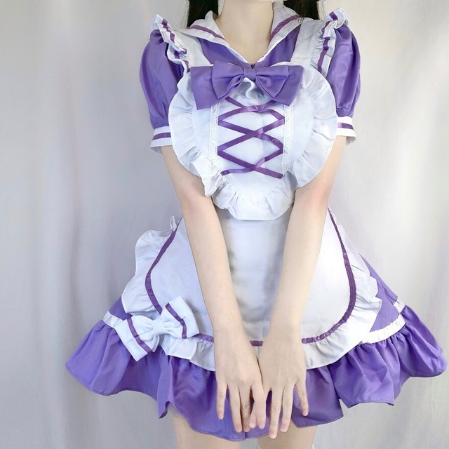 メイド服 コスプレ ワンピ  エプロン カチューシャ パープル ガーリー メイドカフェ コンカフェ ろりーた 服