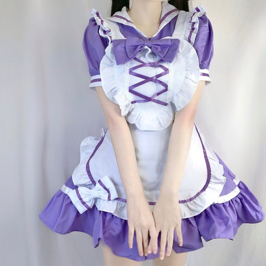 メイド服 コスプレ ワンピ エプロン カチューシャ パープル ガーリー メイドカフェ コンカフェ ろりーた 服