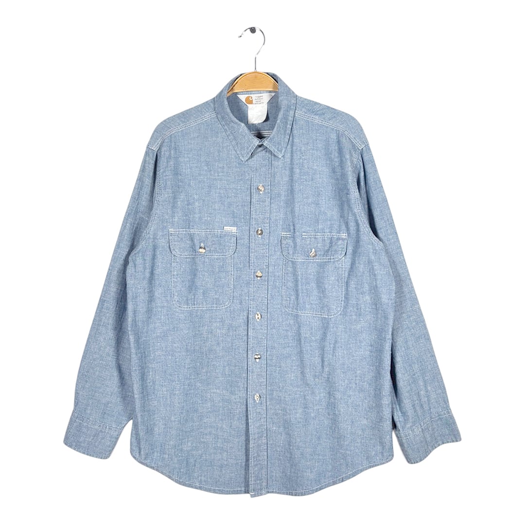 80s カーハート USA製 ヴィンテージ シャンブレーシャツ 三角タグ トリプルプステッチ RUGGED OUTDOOR WEAR CARHARTT サイズXL相当 古着 CA1554