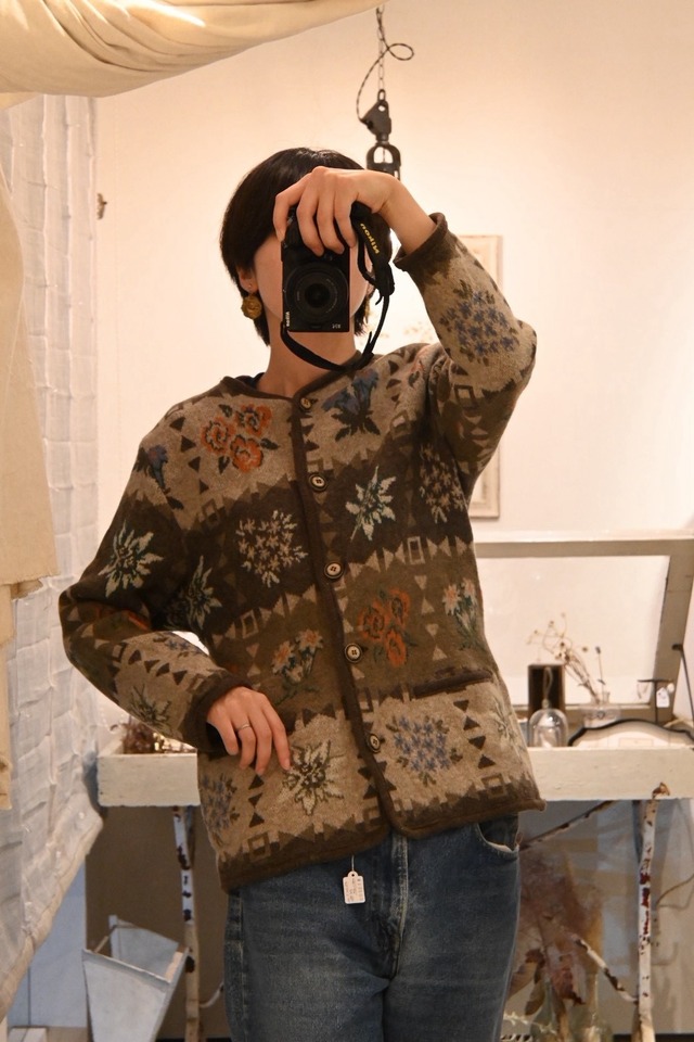 1980’s~ AUSTRIA STEGER Schurwolle Wool Floral Pattern Cardigan／38