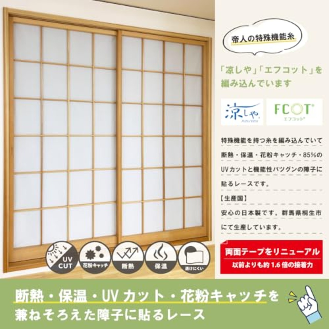 カエイレース(Kaei-lace) 加栄レース(Kaei Lace) 【障子に貼るレース 無地 2枚入り】30031 破れない障子紙 遮熱 花粉キャッチ 断熱 採光性 通気性 作業簡単 日本製