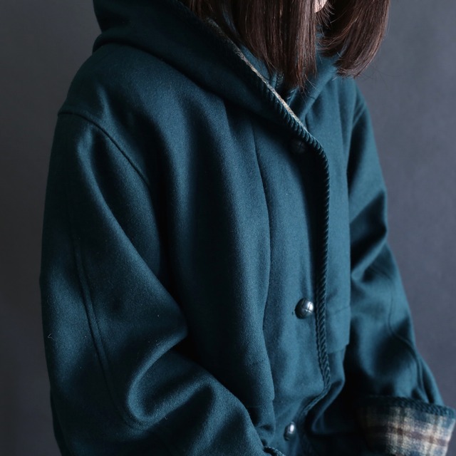 nice green and check high-neck hooded wool jacket coat