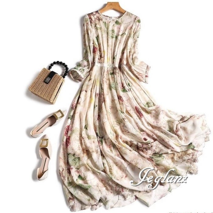 花柄 プリント ワンピース ドレス 透け感 きれいめ 7分袖 エレ派 (M7484)α