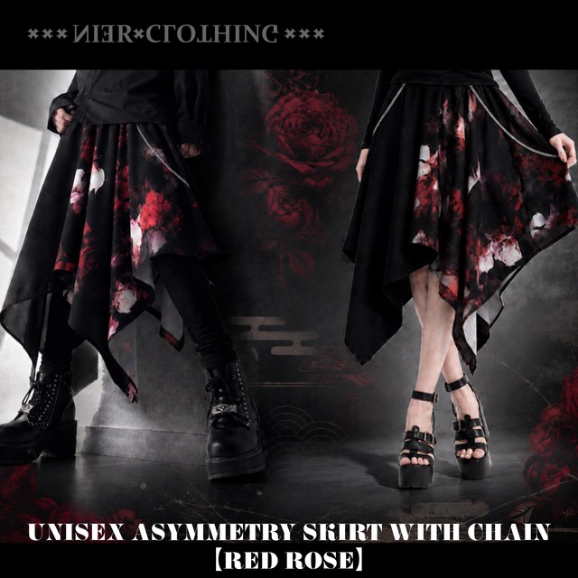 チェーン付きUNISEX ASYMMETRY SKIRT【RED ROSE】