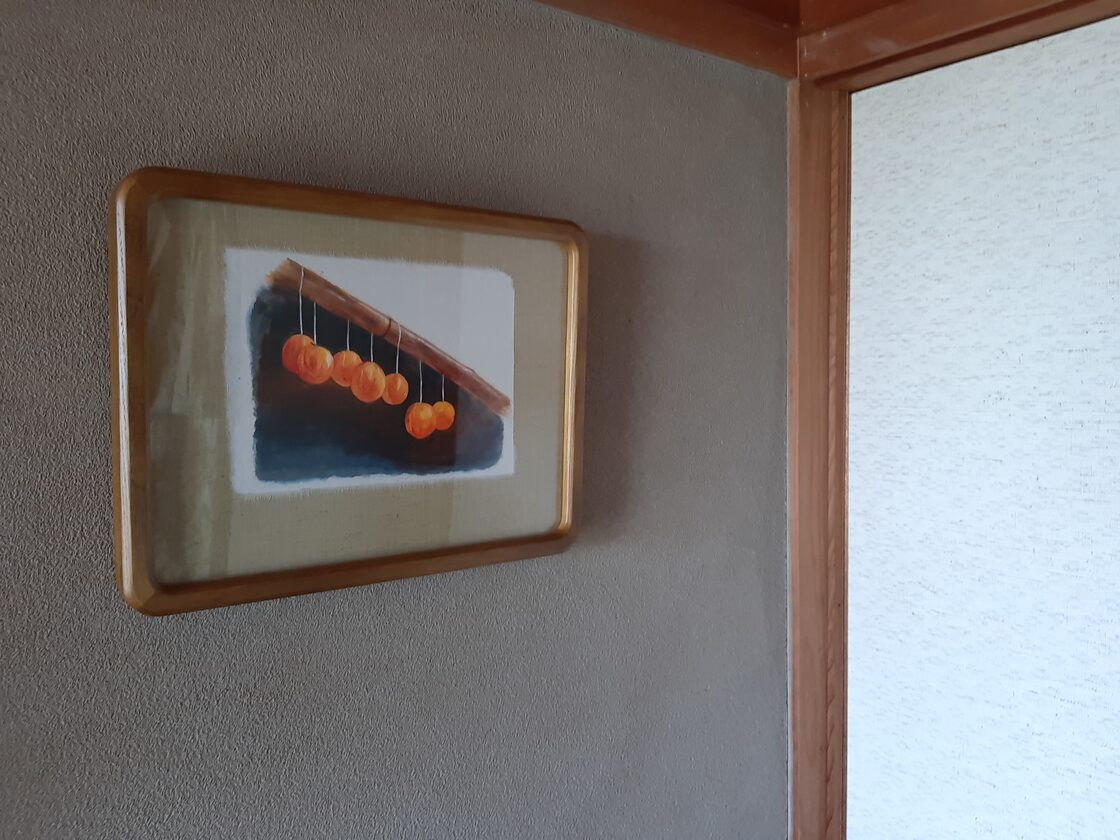 アクリル画（直筆 絵画 和紙 額縁）：干し柿 | Pay ID