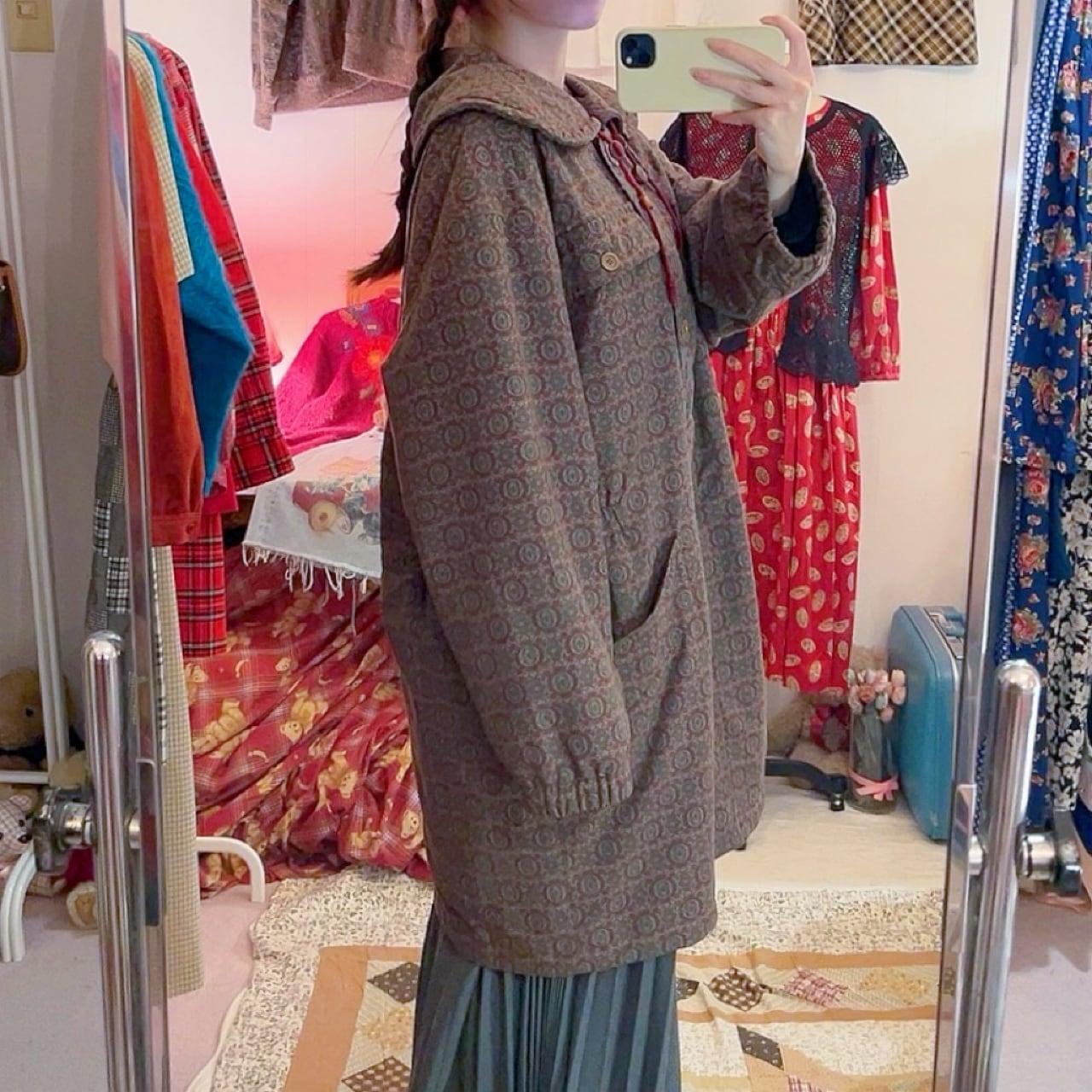 round collar geometric drawstring coat