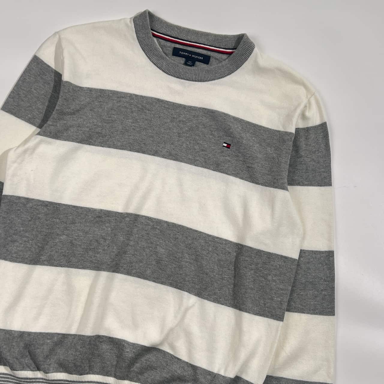 TOMMY HILFIGER トミーヒルフィガー ボーダー コットン ニット トレーナー S/ホワイト×グレー メンズ