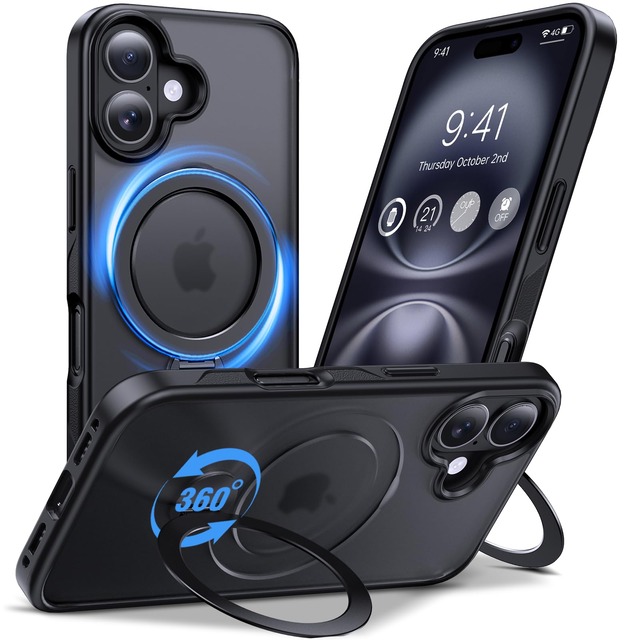 Anqrp iPhone 16 用 ケース 【MagSafe対応】【定点360° 回転スタンド 】耐衝撃 耐久性 スマホケース 18N超強磁力 隠し収納 半透明 米軍MIL規格 ワイヤレス充電対応 滑り止め 縦横両対応 指紋防止 黄変防止 マット 薄型 軽量 アイフォン16 用 携帯カバー 6.1インチ ブラック