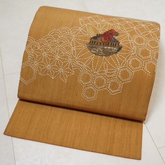 未使用 刺し子刺繍 相良刺繍 洒落袋帯 正絹 節紬 黄唐茶 茶色 201 