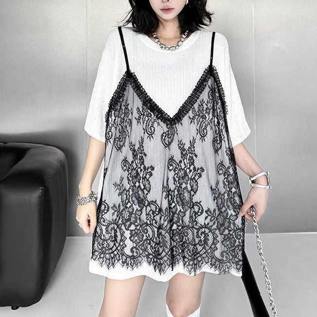 LACE PANEL RELAXED FIT TUNIC TOP M-17158