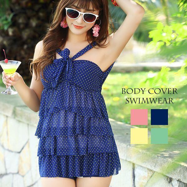 レディース水着 ワンピース水着 体型カバー ワンピース 水玉 ドット フリル プレママ 夏 ミニスカート ネイビー イエロー グリーン ピンク マタニティ 着痩せ ママ水着 かわいい 可愛い 大人 オトナ M L Xlw612 Styleline