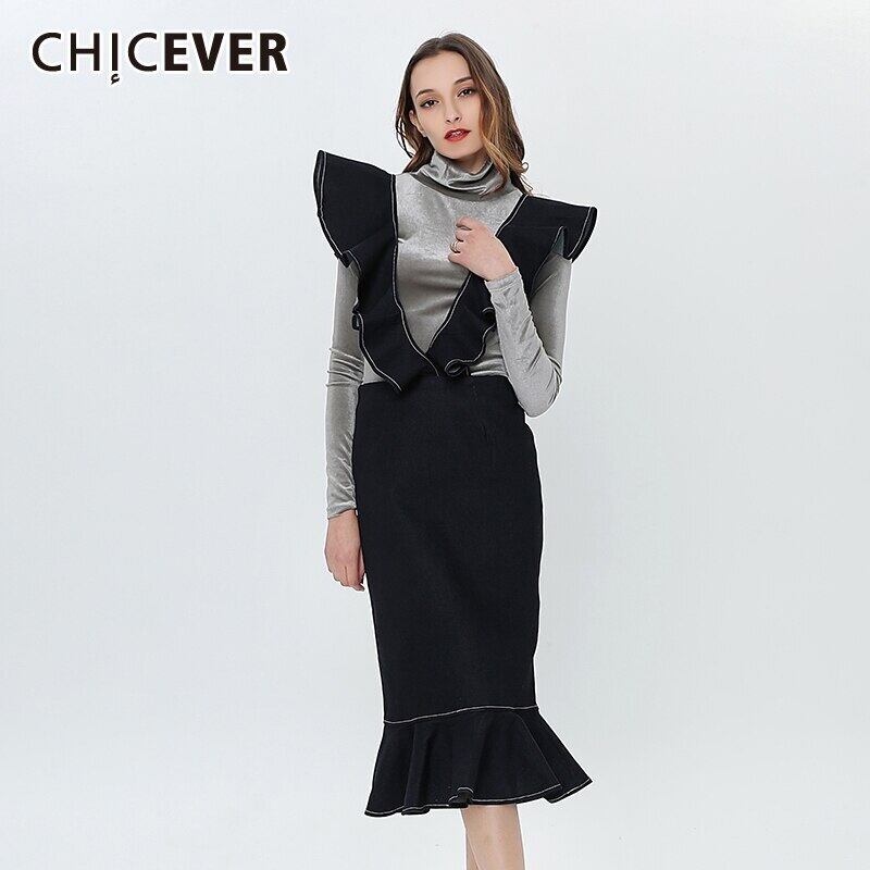 CHICEVERサスペンダーレディーススカートフリルミディロングデニムウエストトランペットスカート2020洋服秋 オータム 秋物 6base512824341455
