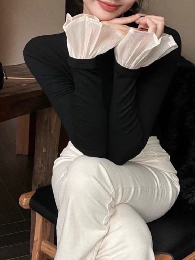 さりげなく差がつく計算されたフリルデザイン 襟が選べる袖フリルニット 大人可愛い おしゃれ 着映え きれいめ 体型カバー大きいサイズ 韓国 CH10397