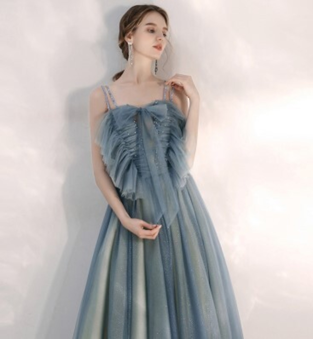 美品！ イブニングドレス 青/ブルー ロング キャミソール 編み上げ 細  