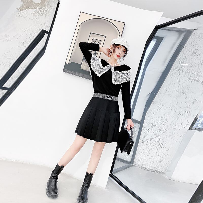 ラージサイズファットmmロングシーズンルーズレースラペルオールマッチ長袖Tシャツトップス女性やや太くて薄いベリースカート ミックスインファッション39150904507