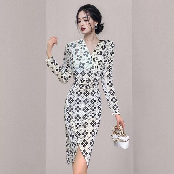 新作 21年 ワンピースドレス 秋冬 ワンピース 長袖ワンピース カシュクールワンピース Vネック ワンピース タイト ワンピース タイトワンピ 膝丈ワンピース 膝下ワンピース スリット入りワンピース ギャザー 幾何学柄 チェック柄 ハイウェスト 着痩せワンピ 上品 P75