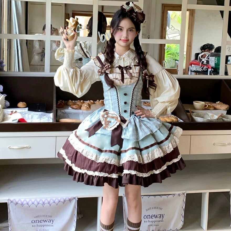 甘ロリ チョコミント配色 小帽子付きジャンパースカート（バック