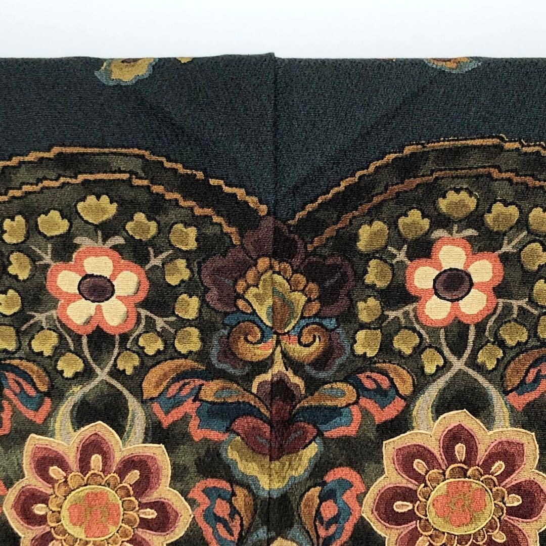 訪問着 極上総刺繍 オリエンタルな圧巻の花鳥模様 黒橡色 K-2969 | リユース着物わびさび