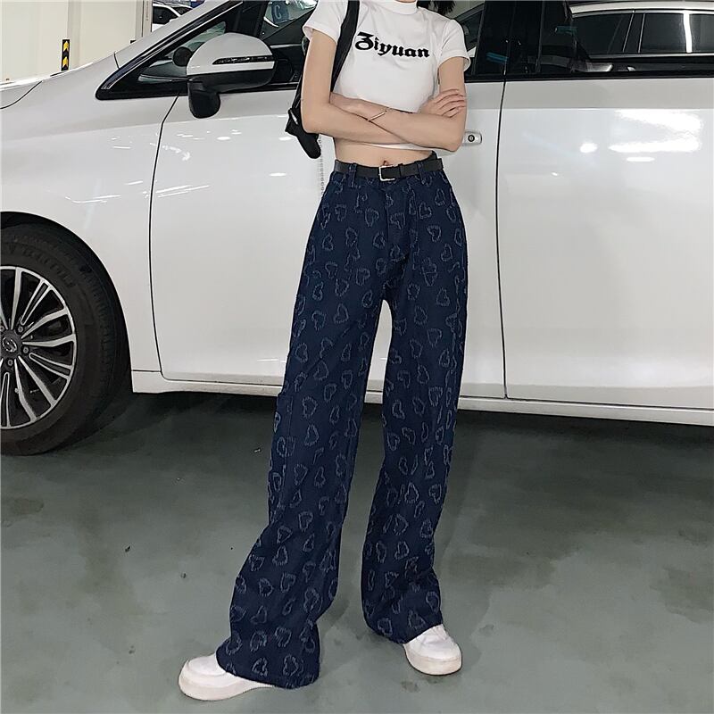 スプリングジーンズ ハイウェストウェストスタンダードダークパンツ ルーズワイドレッグ レトロ 春物 ワイドパンツ ケッペル83243572418