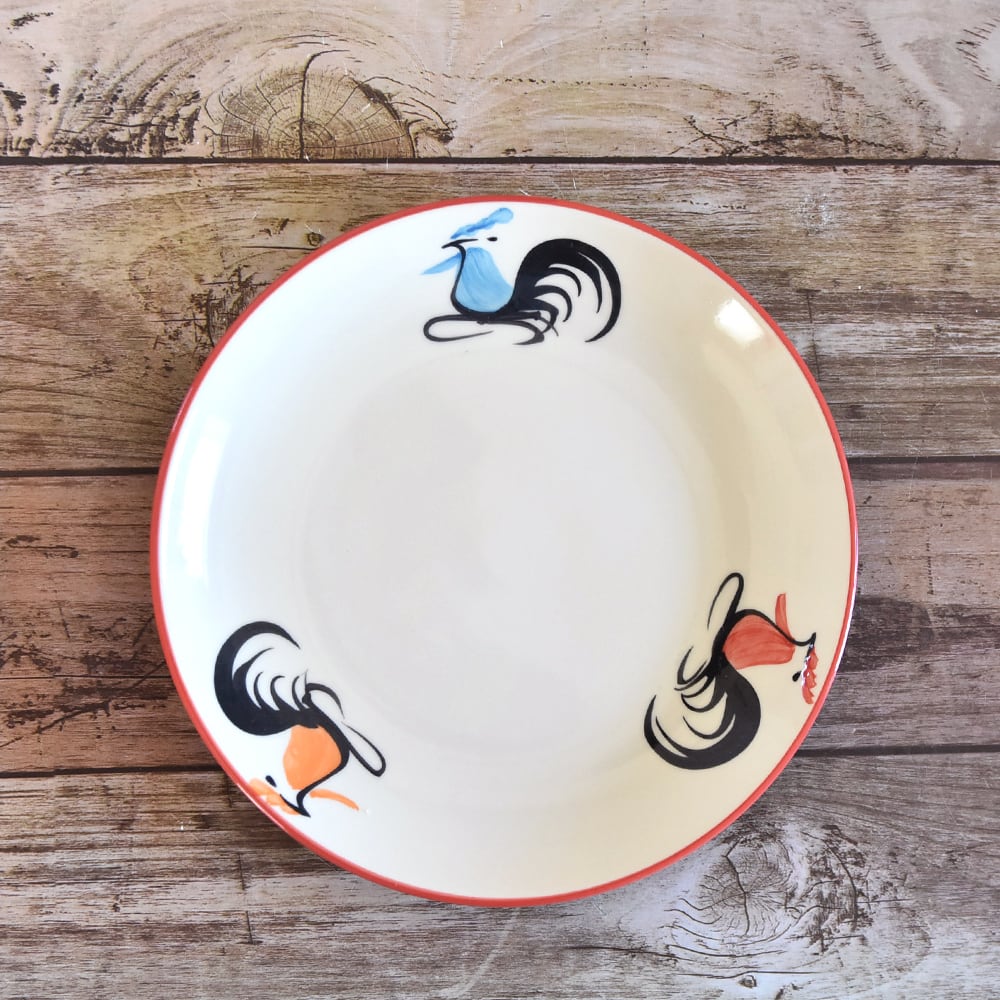 タイ ランパーン陶器 ニワトリ柄お皿 3色のニワトリ 丸平皿 M 20cm