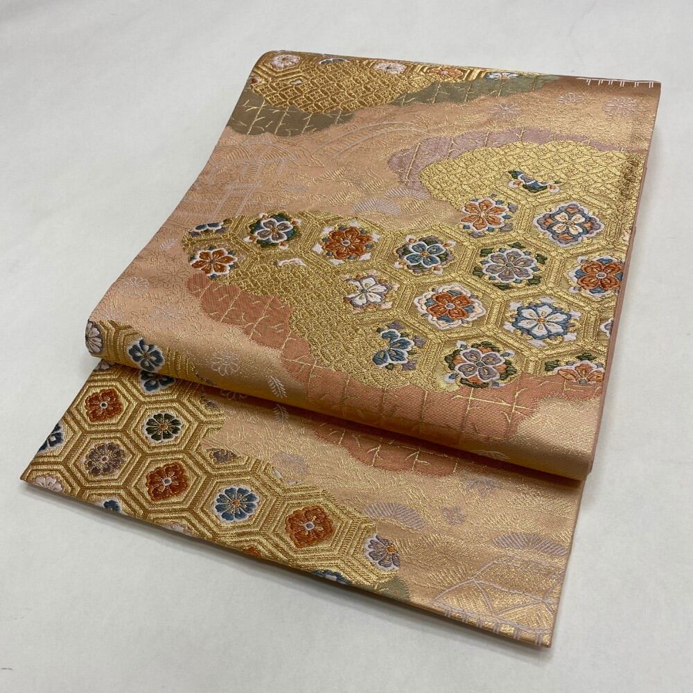 中古 礼装袋帯 正絹 草花 六通柄 ベージュ Bランク 425cm 6029
