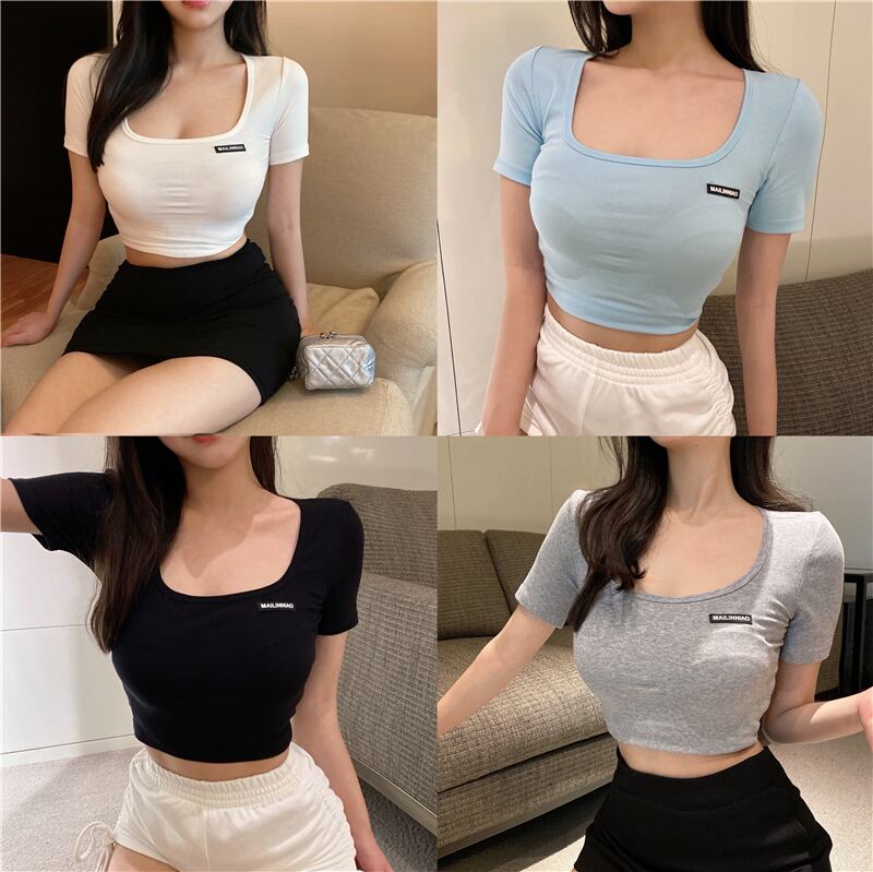 Tシャツ シャツ レディースサマーショートハイウェストトップス 夏物 スクウェア ブラックストロベリース53803846883