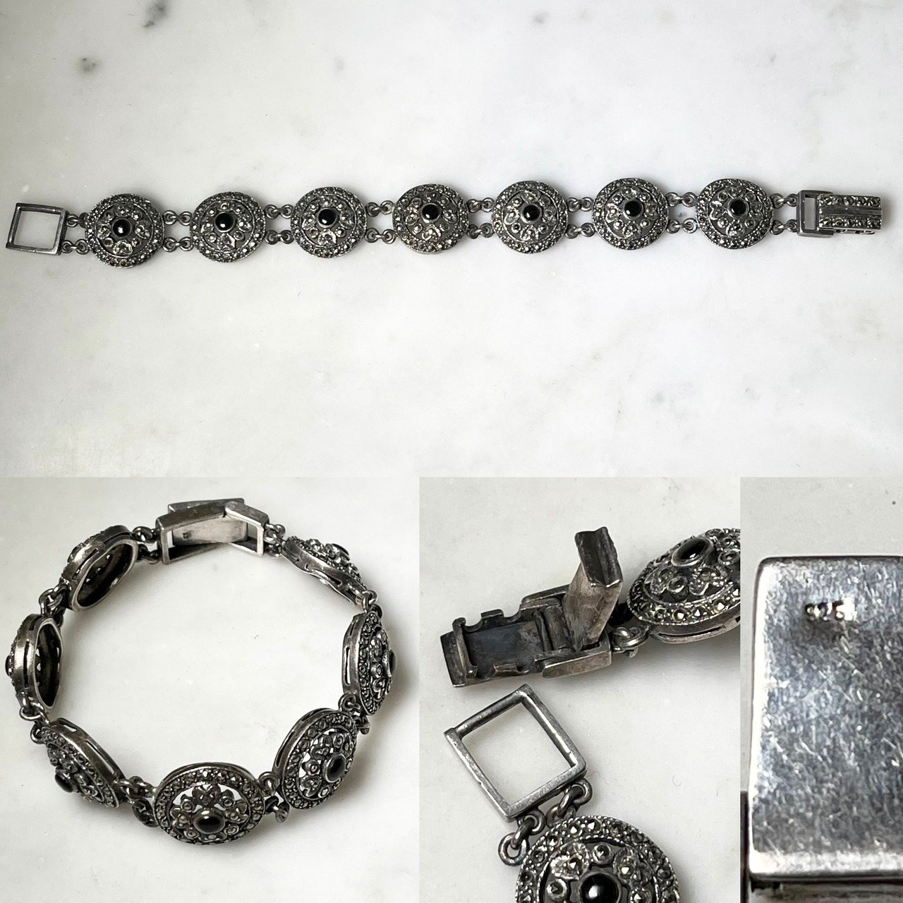 vintage silver art-deco style bracelet set with marcasite & onyx