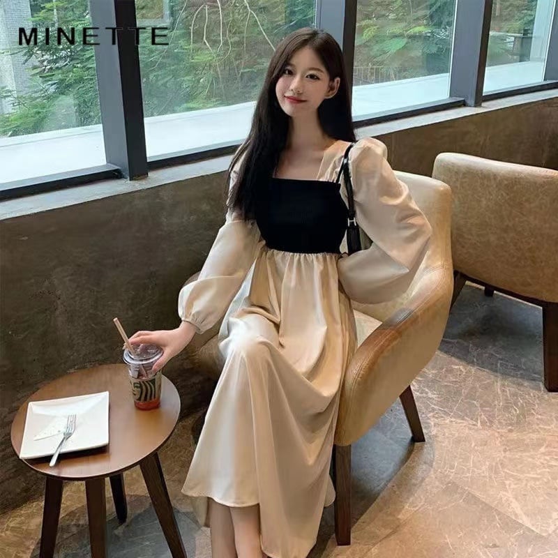 【新作】【送料無料】 裏地付きの4方向伸縮性のある女性用長袖ドレス、ハイエンドデザイン、フェイクツーピースウエスト締め付け、多用途でエレガントなロングドレス 0279353946822