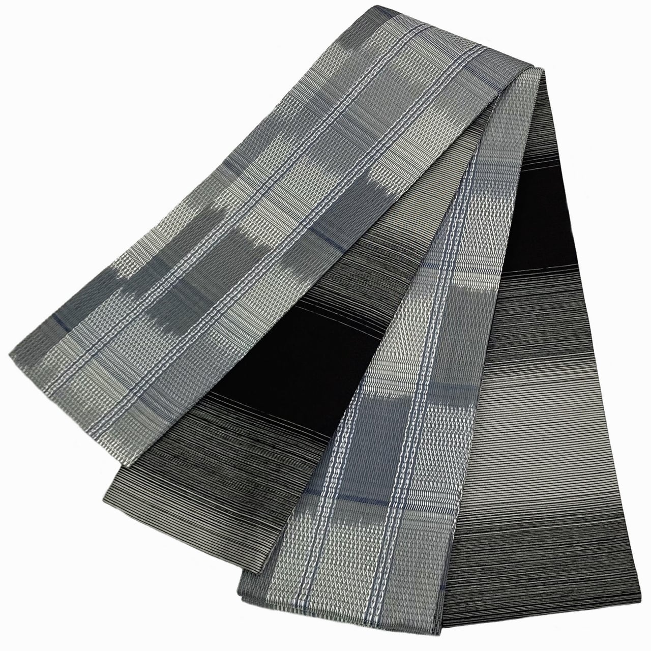 半幅帯　正絹　ロングサイズ　リバーシブル　日本製　半巾帯　小袋帯　両面　手織り　グレー　市松　紬　横段