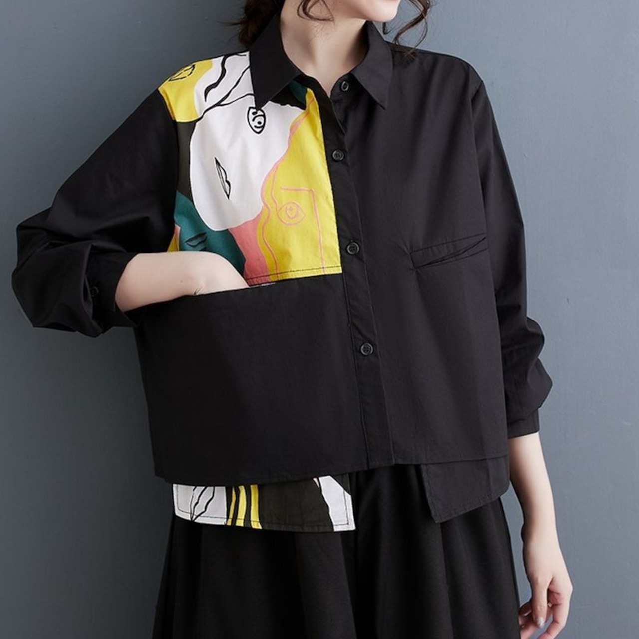 抽象アートプリント アシンメトリー シャツ 00081