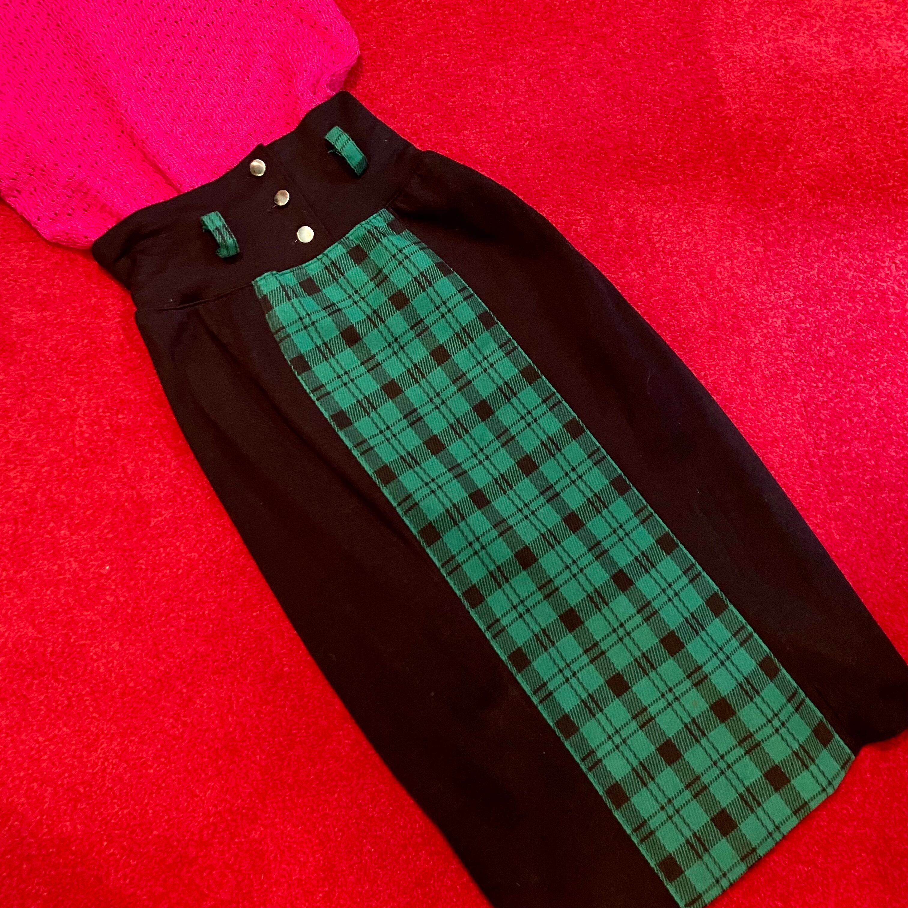 vintage 80s セットアップ タイトスカート チェック柄 緑×黒